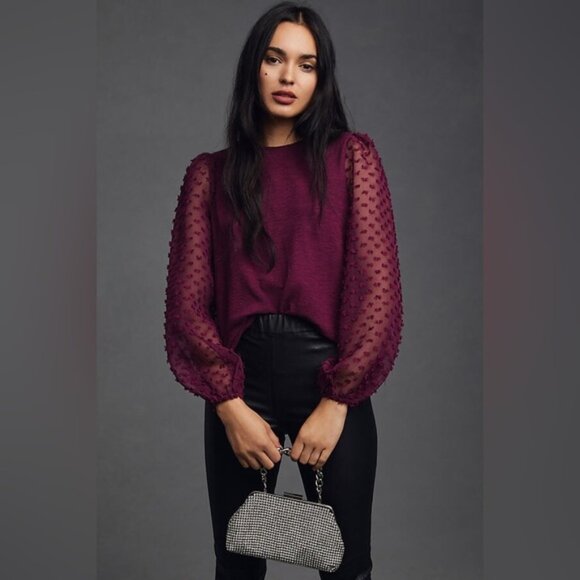 NWT MAEVE Anthropologie Textured Semi-sheer puffed Sleeve Top Size XL PETITE - Picture 4 of 15